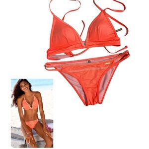 SUNSEEKER Dainty Coral Crochet Triangle Bikini 2 Pieces Size 6 Bottom 34 A/B Top